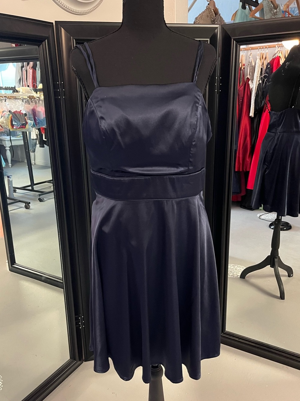 Sequin Hearts Navy Satin Midi Dress with Spaghetti Straps